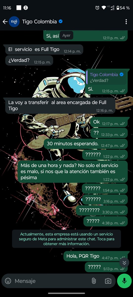AndreyLondoo's tweet photo. @Tigo_Colombia @mecanicuentero Jajajaja no se burlen de los clientes, sigo esperando que me respondan en WhatsApp desde ayer a las 12:16 p.m. https://t.co/M1aQ8uqZgZ