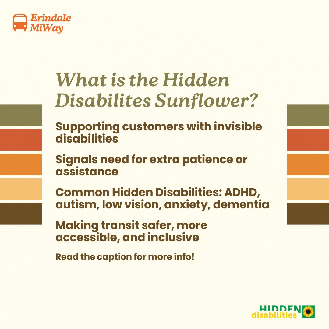 ErindaleMiWay's tweet photo. MiWay has joined the Hidden Disabilities Sunflower Program to support riders with invisible disabilities.🌻 A sunflower lanyard signals to staff that extra patience or assistance may be needed. Transit more accessible and inclusive. 💛

@ErindaleSS @MiWayHelps #MiWayAmbassador https://t.co/iEcj0vZr2N