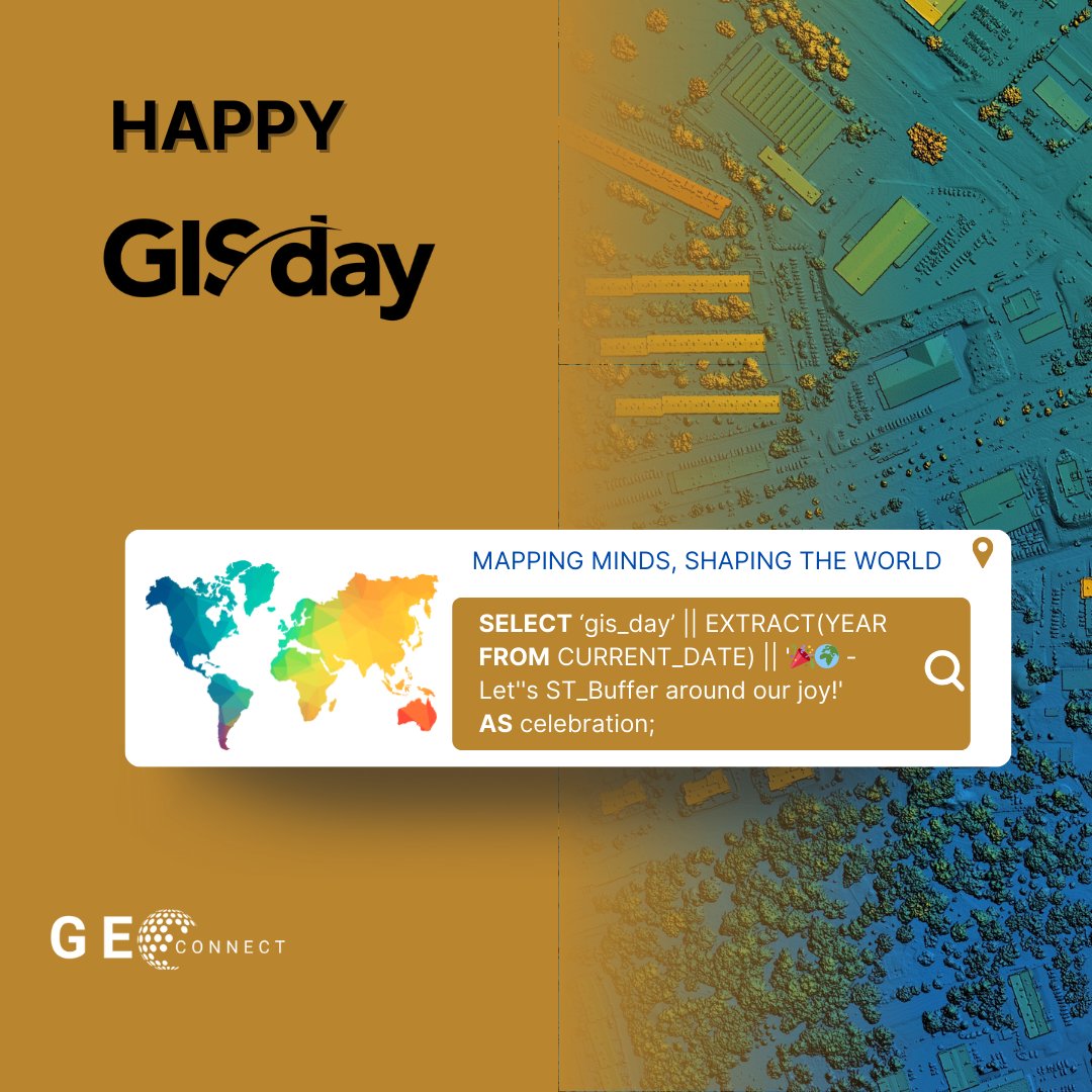 This year we celebrate hashtag#GISDay in SQL 😀

𝘚𝘌𝘓𝘌𝘊𝘛 '𝘎𝘐𝘚_𝘋𝘢𝘺_' || 𝘌𝘟𝘛𝘙𝘈𝘊𝘛(𝘠𝘌𝘈𝘙 𝘍𝘙𝘖𝘔 𝘊𝘜𝘙𝘙𝘌𝘕𝘛_𝘋𝘈𝘛𝘌) || '🎉🌍 – 𝘓𝘦𝘵''𝘴 𝘚𝘛_𝘉𝘶𝘧𝘧𝘦𝘳 𝘢𝘳𝘰𝘶𝘯𝘥 𝘰𝘶𝘳 𝘫𝘰𝘺!' 𝘈𝘚 𝘤𝘦𝘭𝘦𝘣𝘳𝘢𝘵𝘪𝘰𝘯;