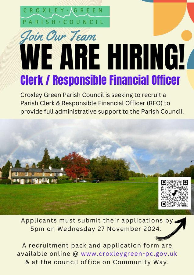 Join Our Team: Clerk to the Council / Responsible Financial Officer. Croxley Green Parish Council is hiring! We’re looking for a dedicated professional to oversee council operations, manage finances, and strengthen community connections. All the details👉 croxleygreen-pc.gov.uk/news/job-vacan…