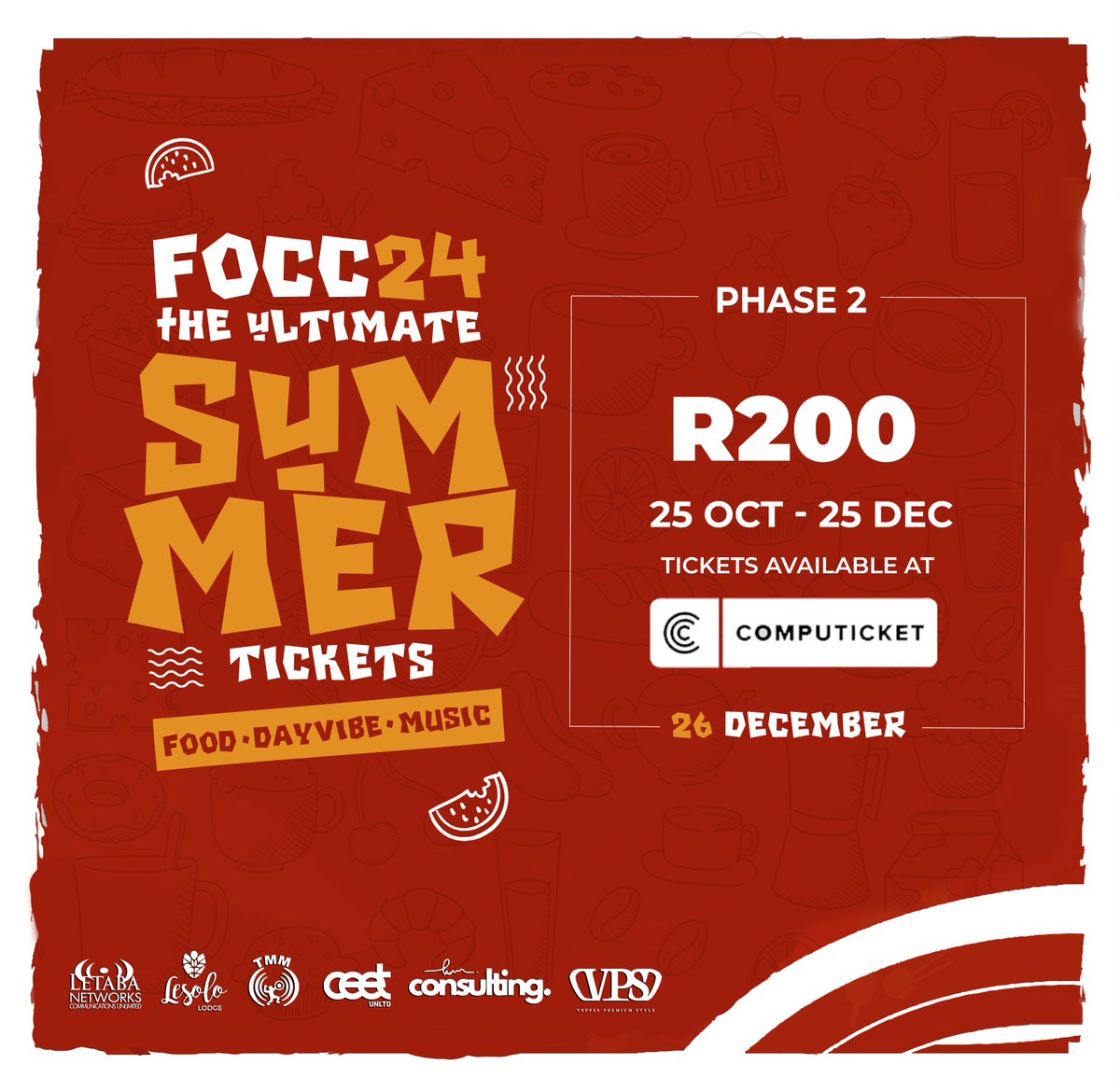 🎉 BIRTHDAY SPECIAL! 🎉

In honor of our CEO’s birthday, Phase 2 R200 FOCC24 tickets are extended until 25th Dec! 🎁

🎟️ Buy at:

Computicket
Shoprite/Checkers
Or link in bio
Don’t miss #TheUltimateSummer on 26-27 Dec! 🌞🎶🍹

#FOCC24 #BirthdaySpecial