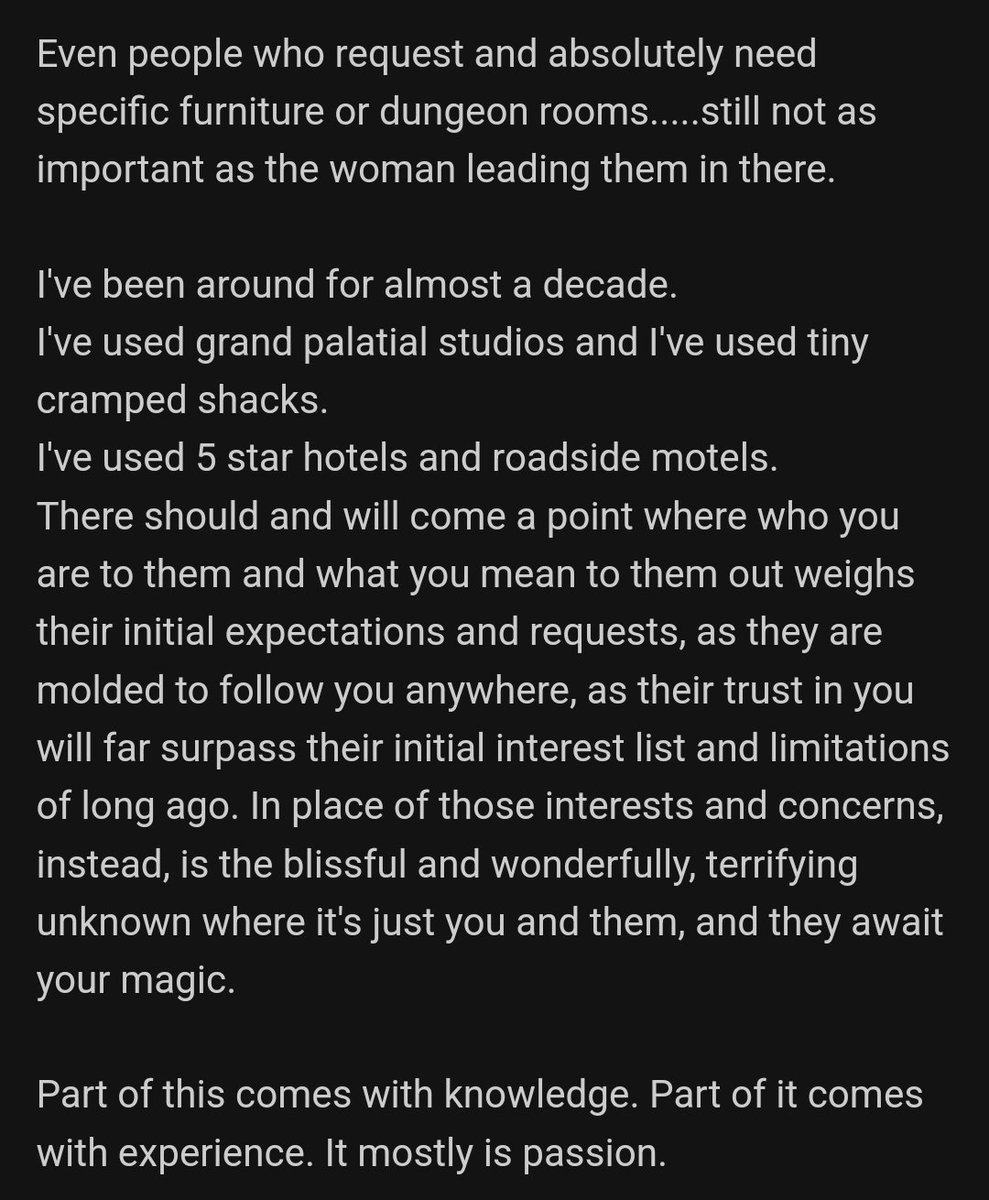 The Best Advice I could give a new dominatrix. One of my writings. 
Written ten years ago, and still true today.