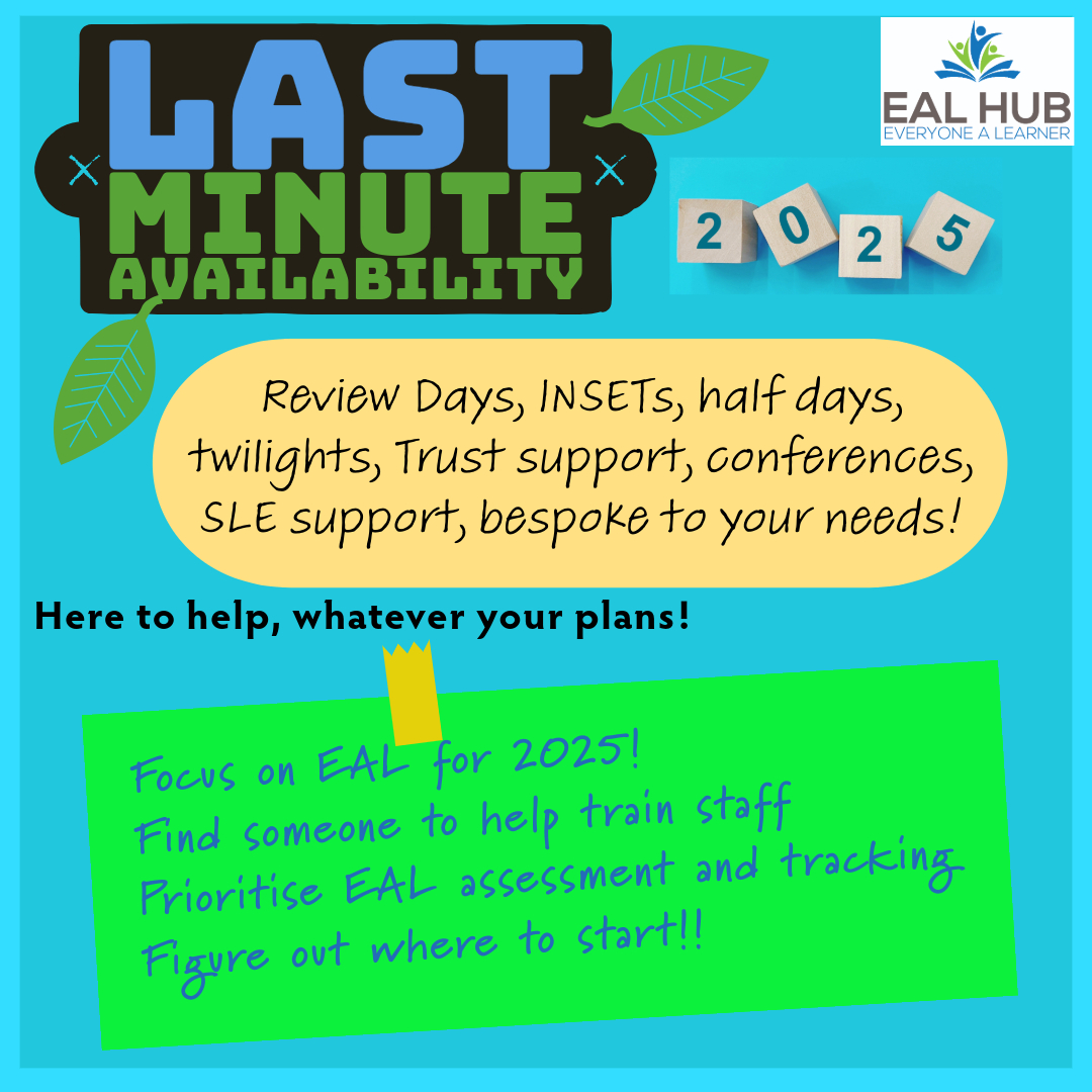 Thinking about next year? Had a change in cohort? Want to shake up your EAL provision? Not sure where to start? 

I was almost fully booked for spring term but have decided to offer Thursdays to keep up with demand so lots of Thursday now available early next year. 

Please get