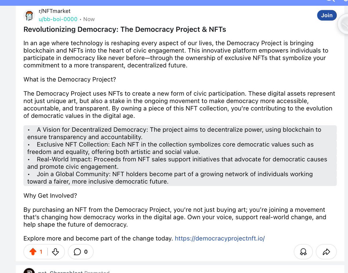 PJjmnft's tweet photo. Has anyone seen this? I like the idea of using NFTs for something more meaningful. The Democracy Project seems like a cool way to blend technology with civic engagement. 
Learn more : https://t.co/pTiZifH010 @DemocracyProj22 https://t.co/SL0fsi88Wl