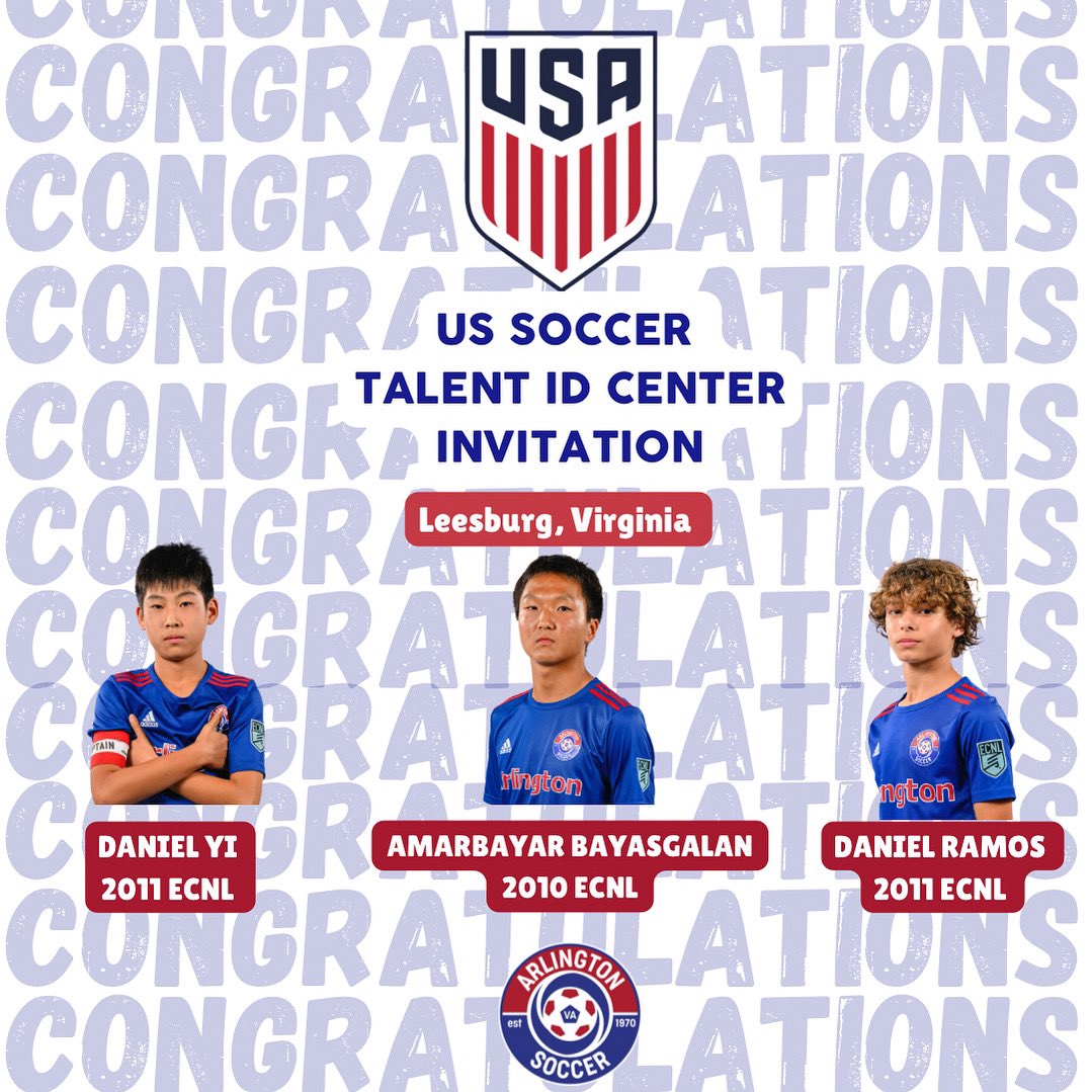 arlingtonsoccer's tweet image. Congrats to all three Arlington ECNL players invited to today's US Soccer Boys Talent ID Center camp in Leesburg, Virginia!

* Amarbayar Bayasgalan (2010)
* Daniel Yi (2011)
* Daniel Ramos (2011)

#TeamArlington