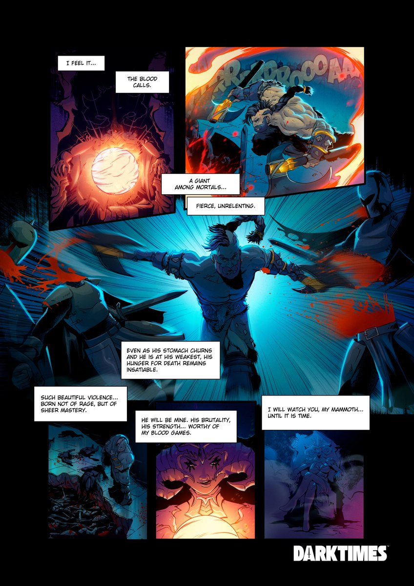 playDARKTIMES's tweet photo. In case you missed the first page of the comic last week... 

In the beginning, The Mammoth was young, brutal, and greedy. Reveling in violence, he caught the eye of The Blood Queen... Prepare to witness their twisted tale in a series of comics over the coming months - delivered first to our community on Discord and later here.