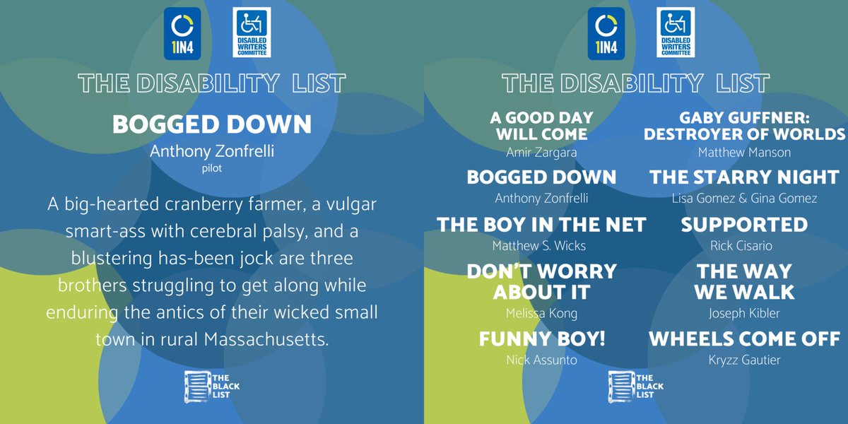 🎉 HUGE NEWS 🎉 

My pilot BOGGED DOWN was 1 of 10 fantastic scripts selected to the 2024 Disability List by The Black List, the 1IN4 Coalition, and WGAW Disabled Writers Committee!

Massive thank you for the selection and congrats to the other writers on this list!

#WGAWDWC