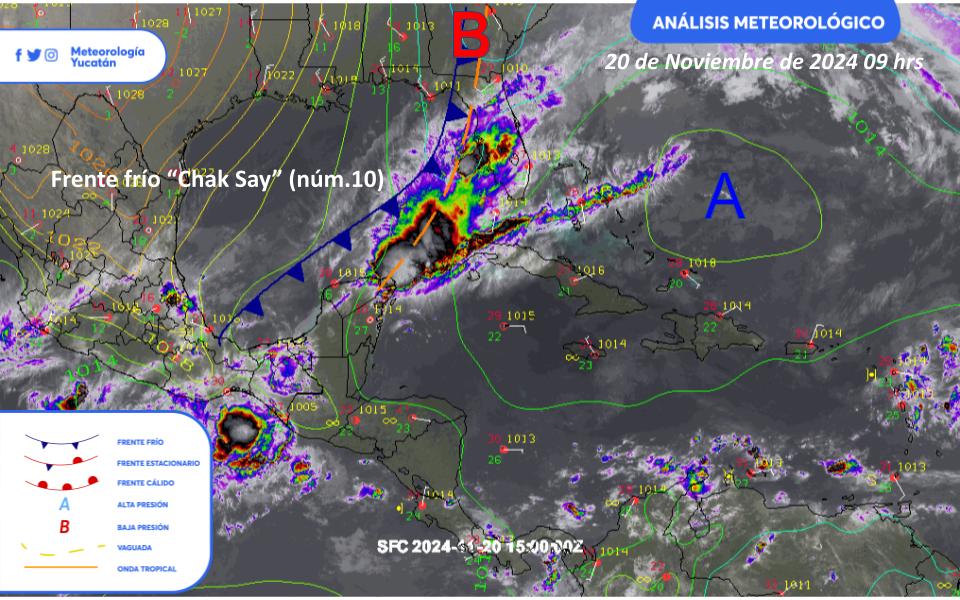 ClimaYucatan's tweet image. 🗺️ Análisis meteorológico muestra al frente frío #ChakSay (núm.10) aproximandose a la península de Yucatán. 

Su vaguada prefrontal esta generando tormentas en #QuintanaRoo.