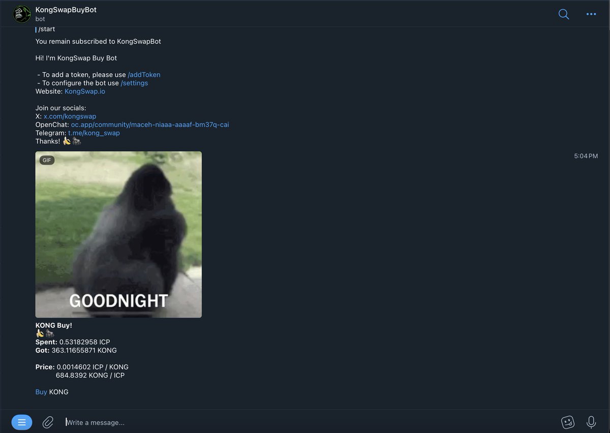 $ICP The official <a href="/kongswap/">KongSwap 🦍</a> telegram buybot has now been released!

To add to your projects telegram channel:

1) Add @Kongswapbot to channel
2) Do /start@kongswapbuybot 
3) Do /addtoken@kongswapbuybot
4) Choose token

t.me/KongSwapBot

🦙🦍