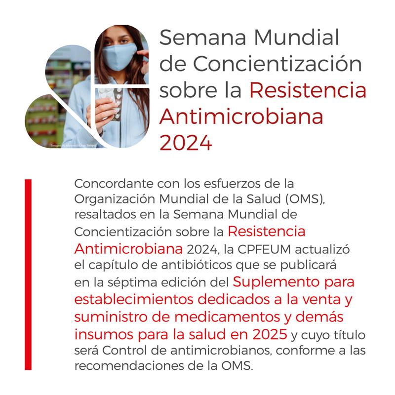 🌍 En la Semana Mundial de Concientización sobre la Resistencia Antimicrobiana 2024, la CPFEUM actualizó el capítulo "Control de Antimicrobianos" en el Suplemento FEUM 2025, alineado con las recomendaciones de la OMS

#ResistenciaAntimicrobiana #FEUM #SaludPública #OMS