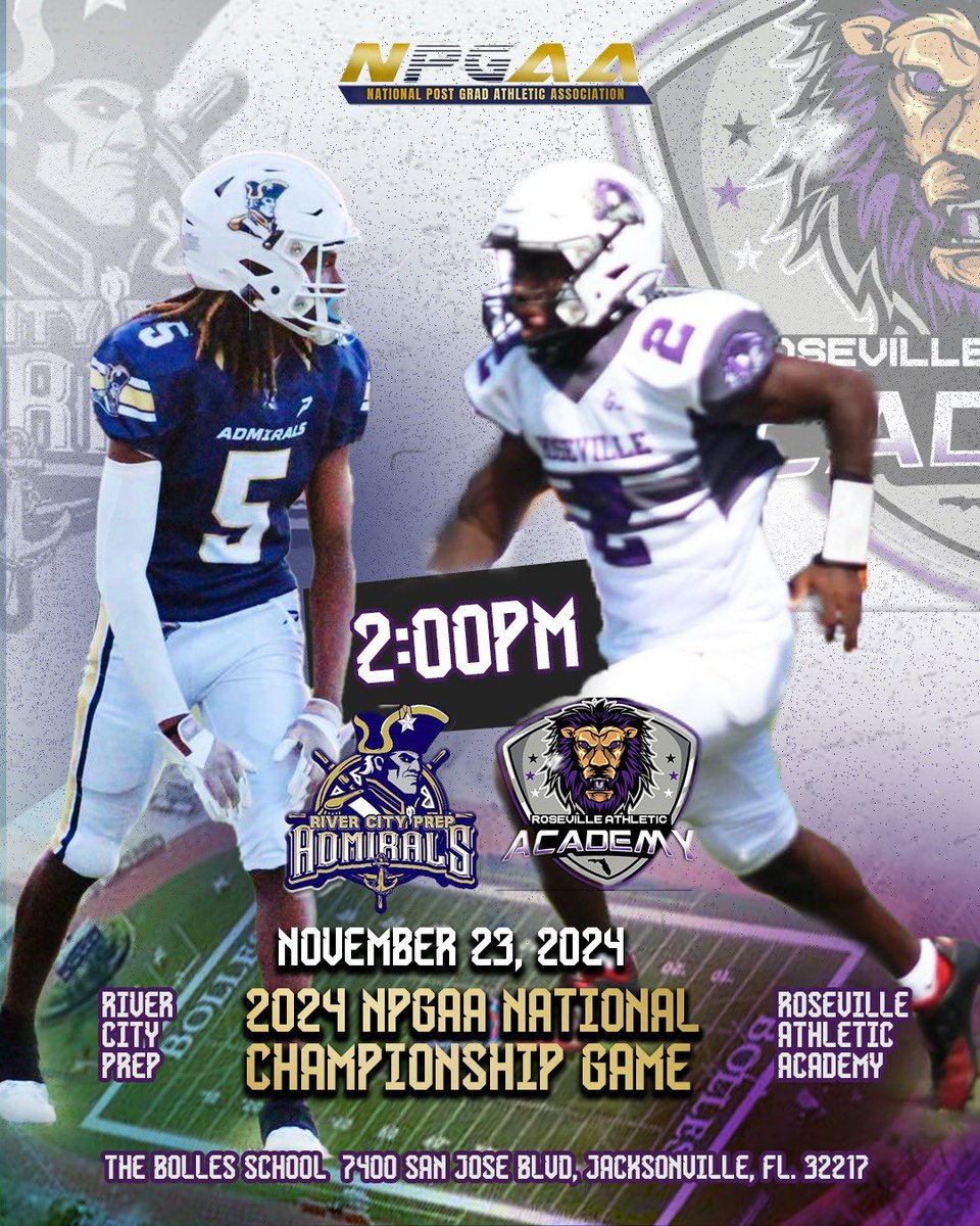The Post Grad battle is all set to take place as the #1 seed
<a href="/Rosevillelions1/">Roseville University</a>
will look to hold off a tough #2 seed in
<a href="/RiverCityPrepFB/">River City Post-Grad Football</a>
. This will for sure be a well balanced matchup. Tune in and watch live on YouTube youtube.com/@NPGSN
<a href="/TheNPGAA/">National Post Grad Athletic Association</a>
<a href="/PostGradRecruit/">PostGradRecruits INC.</a>