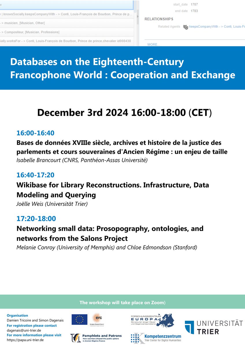 December 3rd, 16:00-18:00 CET

Third edition of our Workshop serie:  Databases on the Eighteenth-Century Francophone World : Cooperation and Exchange

With papers from <a href="/IsabelleBranco8/">Isabelle Brancourt</a> <a href="/JojoWeis/">Joëlle Weis (@jojoweis@fedihum.org)</a> <a href="/MelanieConroy1/">Melanie Conroy</a> and <a href="/Chloe_mhse/">Dr. Chloe Edmondson</a>

 #earlymodern #twitterstorians #TeamModerniste