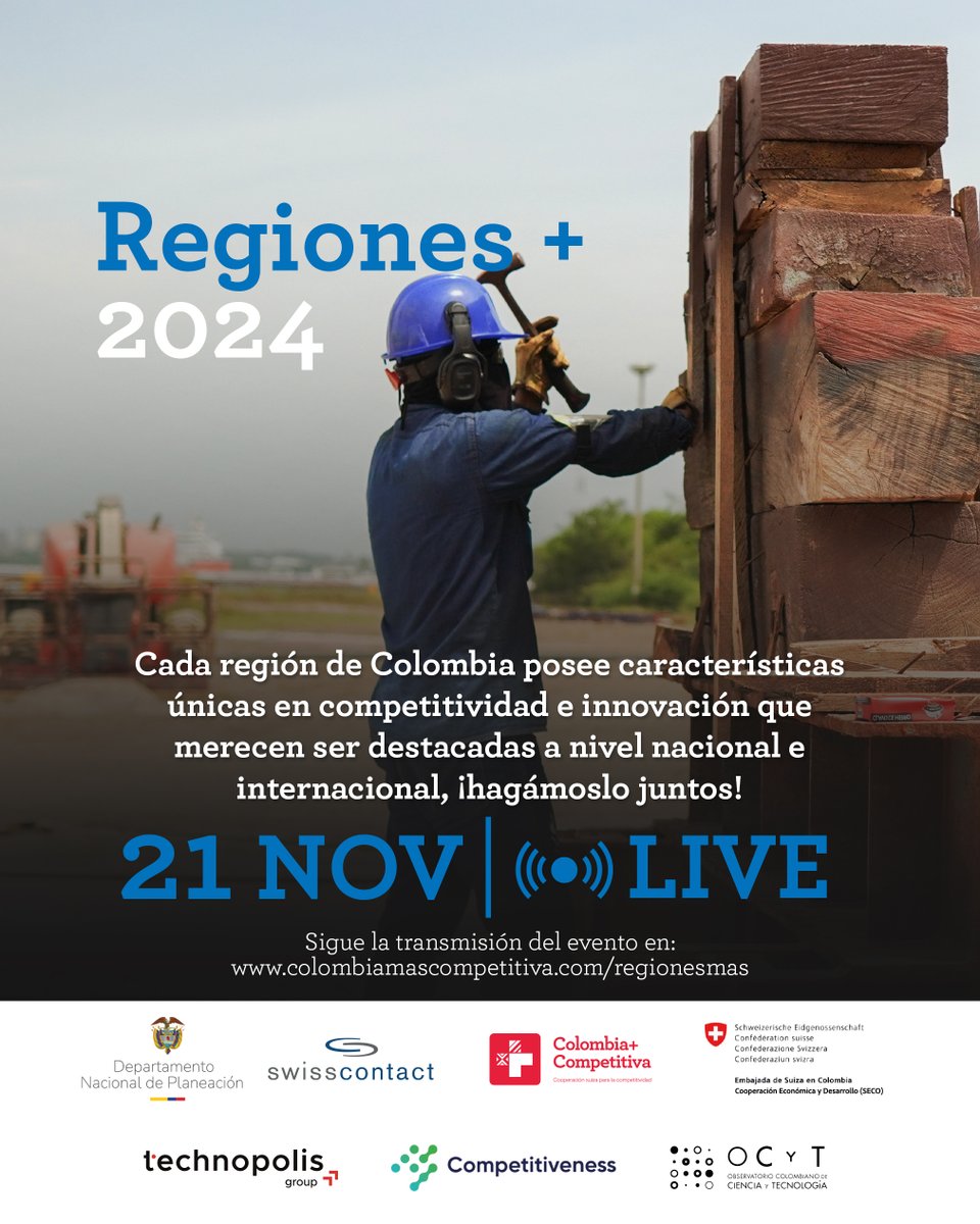 colombiamascom1's tweet photo. ¡Impulsemos el poder regional 🇨🇴! 

Únete a #RegionesMás_2024: talento, innovación y diversidad al servicio de la competitividad.

21 de noviembre | Desde las 8 a.m.
✔️Instrumentos, convocatorias y más.

🔗  Info: https://t.co/AF6JCBuSHc 🚀
🎥 En vivo: https://t.co/jFXX9e4FM9 https://t.co/jcbs46jvLR