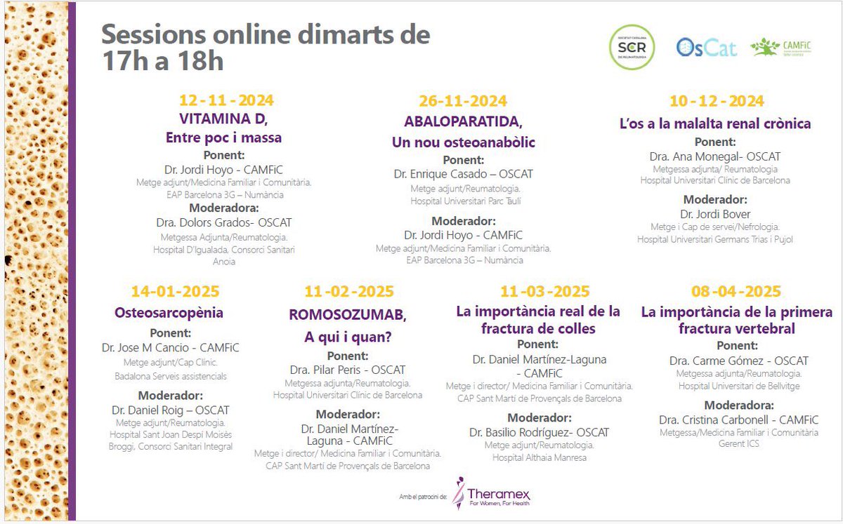 Us espero a #Osteoforum, una activitat online del grup <a href="/OsCat_SCReuma/">OsCat</a>  de la <a href="/SCReuma/">Societat Catalana de Reumatologia</a> i el grup d’osteoporosi de la <a href="/CAMFiC/">🌳CAMFiC</a>. 
▶️ Dimarts 26 nov de 17-18h. Abaloparatida, un nou osteoanabòlic.
Inscripció gratuita al programa 👇
assistencia.academia.cat/?id=149