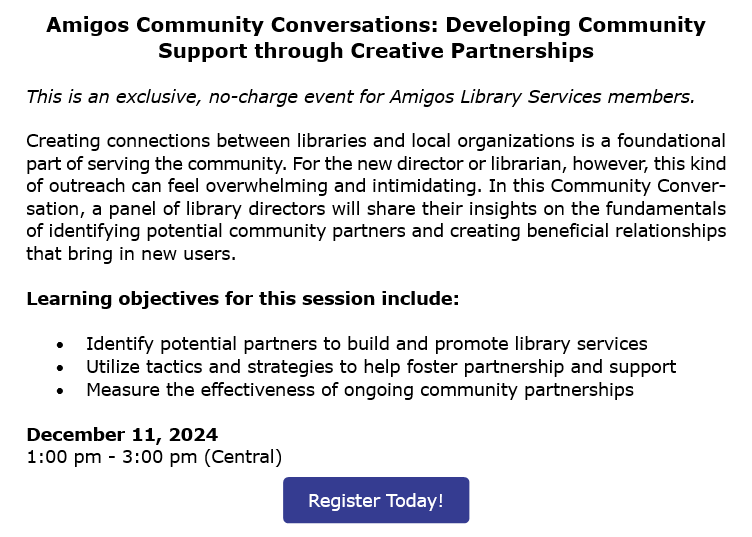 AmigosLibServ's tweet image. amigos.org/civicrm/event/… #AmigosLiveOnline #librarylearning #continuingEd #AmigosContEd