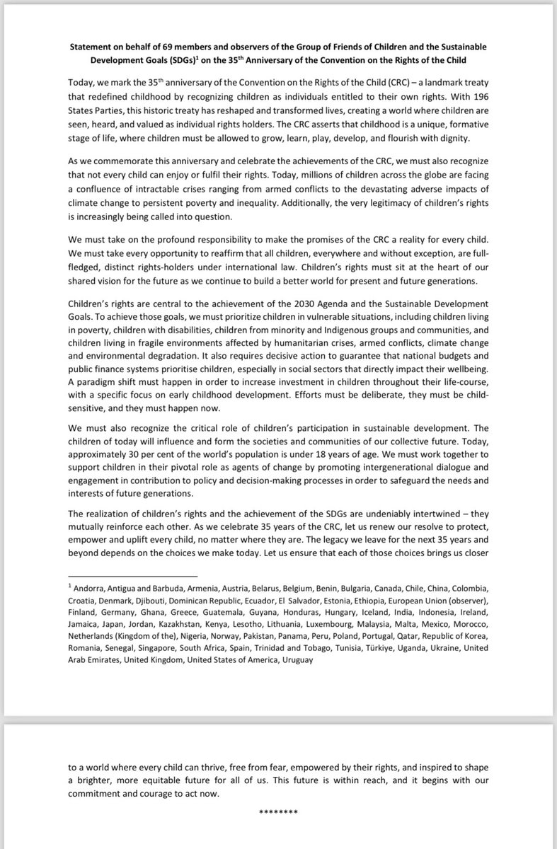 Today, 69 members of the Group of Friends of #Children and #SDGs co-chaired by #Bulgaria, #Jamaica and #Luxembourg have issued a joint statement to celebrate the 35th anniversary of the #CRC.

It is our responsibility to make the promises of the CRC a reality for every child.