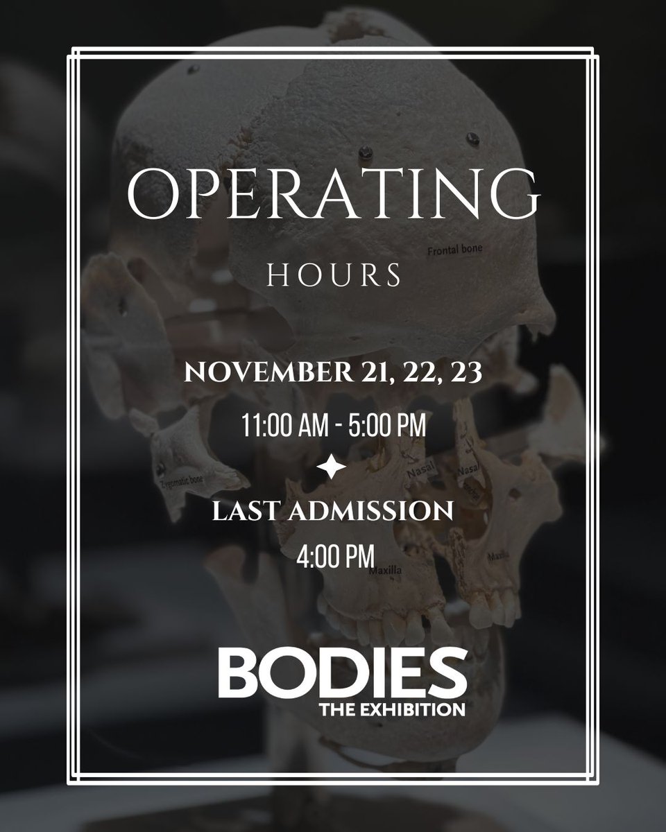 During the big race, BODIES...The Exhibition will be open with adjusted hours! 

On November 21st, 22nd, and 23rd, we’ll close at 5 PM, with the last admission at 4 PM. 

Don’t miss the chance to explore the wonders within—only at @luxorlv!