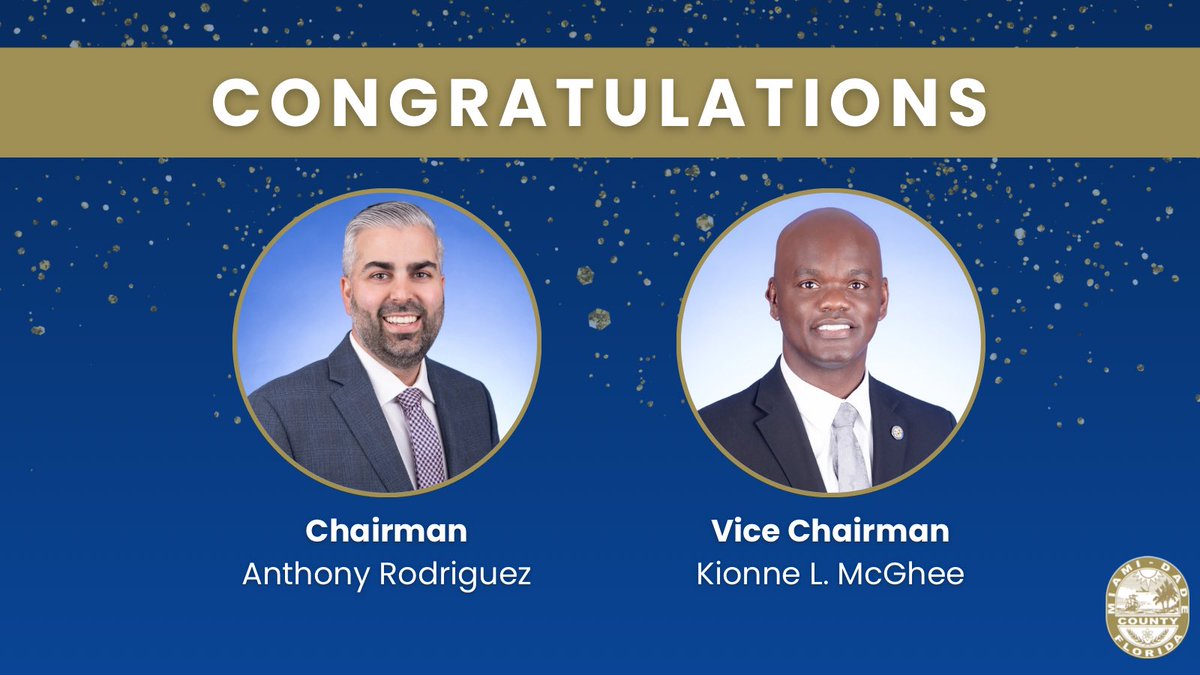 The #MiamiDadeBCC would like to congratulate our new Chairman <a href="/CommishArod/">Anthony Rodriguez</a> and Vice Chairman <a href="/kionnemcghee/">Kionne “Commish” McGhee</a>. We look forward to working with you!