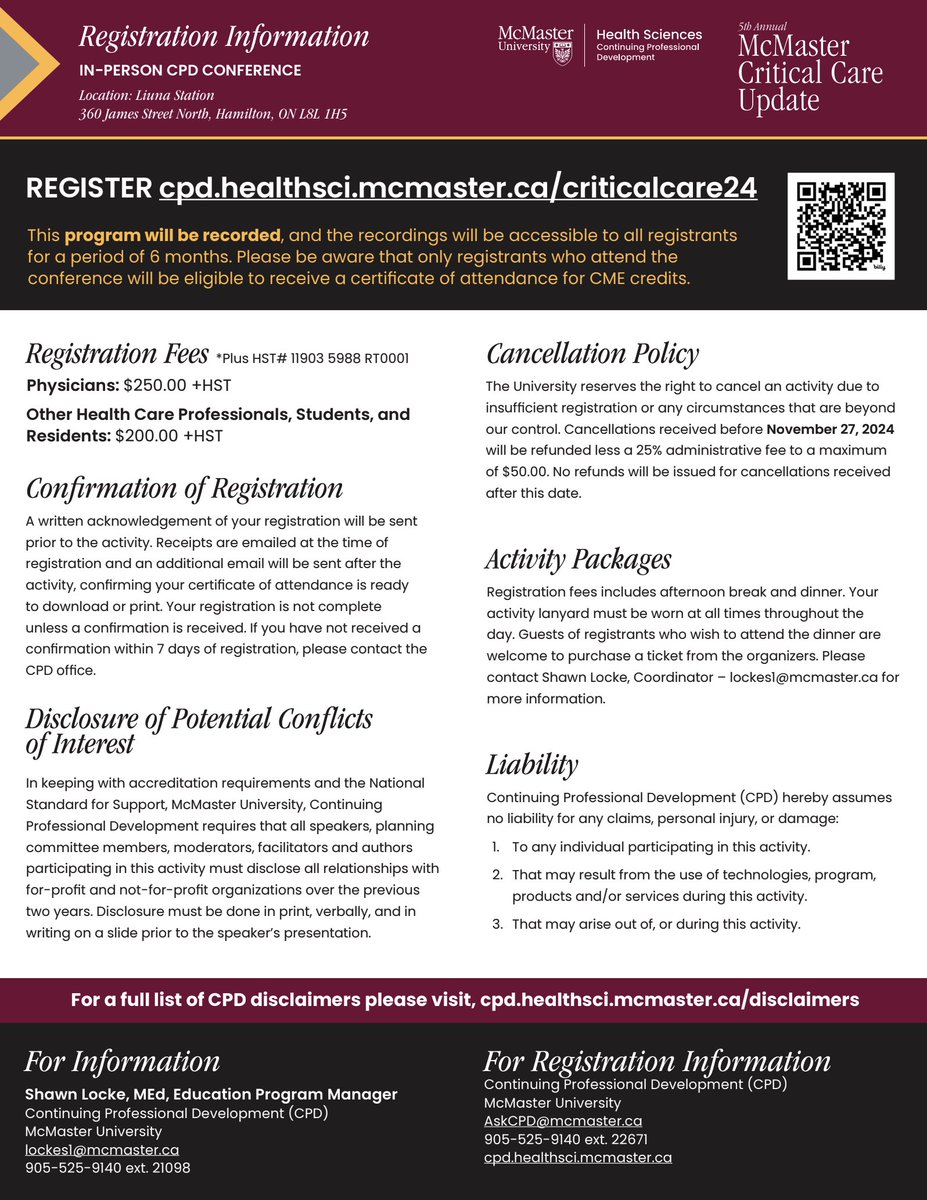 #CritcareCPD will be recorded, &amp; the recordings will be accessible to all registrants for 6 months. Only registrants who attend will be eligible to receive a certificate of attendance for CME credits. 
View the brochure + register today!
🔗 cpd.healthsci.mcmaster.ca/criticalcare24
#MacCPD