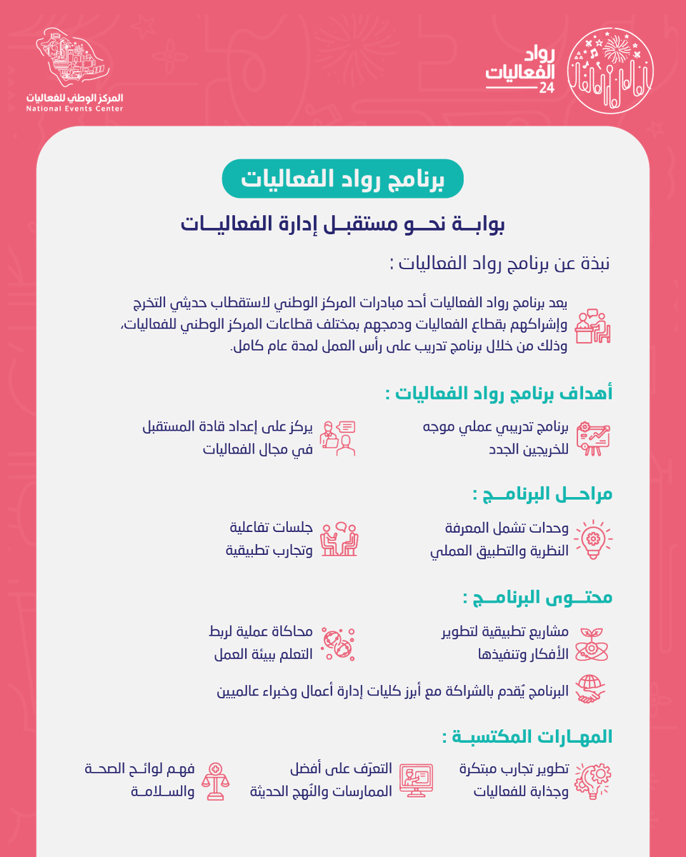 برنامج #رواد_الفعاليات هو فرصة لحديثي التخرج للعمل واكتساب الخبرة في قطاع الفعاليات من خلال تدريب عملي يمتد لعام كامل مع #المركز_الوطني_للفعاليات ✨

سجل الآن:
nec.gov.sa/join-us/event-…