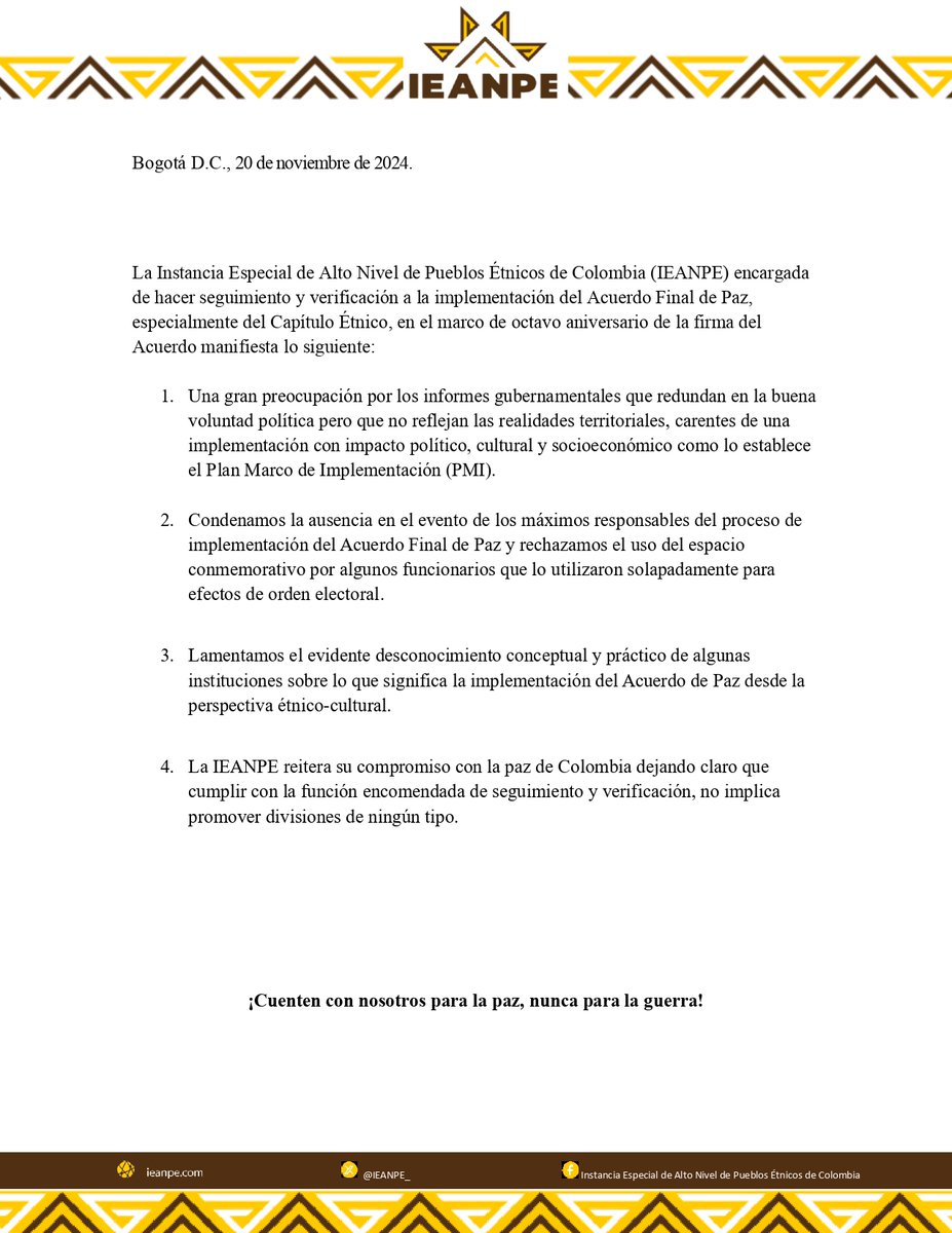 #IEANPEComunica📢|| En el marco del octavo aniversario de la firma del Acuerdo Final de Paz, la Instancia expresa su inconformidad con los informes presentados por el Gobierno Nacional sobre el proceso de implementación del #CapítuloÉtnico 

Te invitamos a conocer y compartir