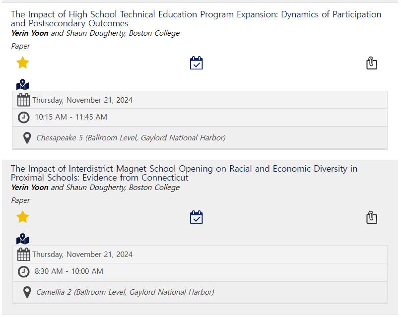 yerin_yoon_'s tweet image. Heading to #2024APPAM! Thursday morning, I’ll present two papers with @doughesm. If you’re interested in School Choice / Career & Technical Edu, don’t miss these panels! Plus, as a 2024 Student Ambassador, I’ll co-lead an ignite chat on Building and Maintaining Networks. Join us!