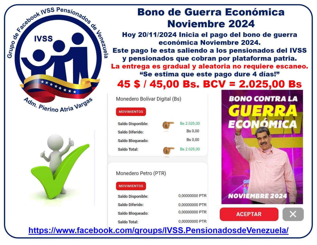 inicia el pago del bono de guerra económica. Este pago le esta llegando a los pensionados del IVSS y quienes cobran su pensión por plataforma patria monto de 45 $ = 2.025,00 Bs.