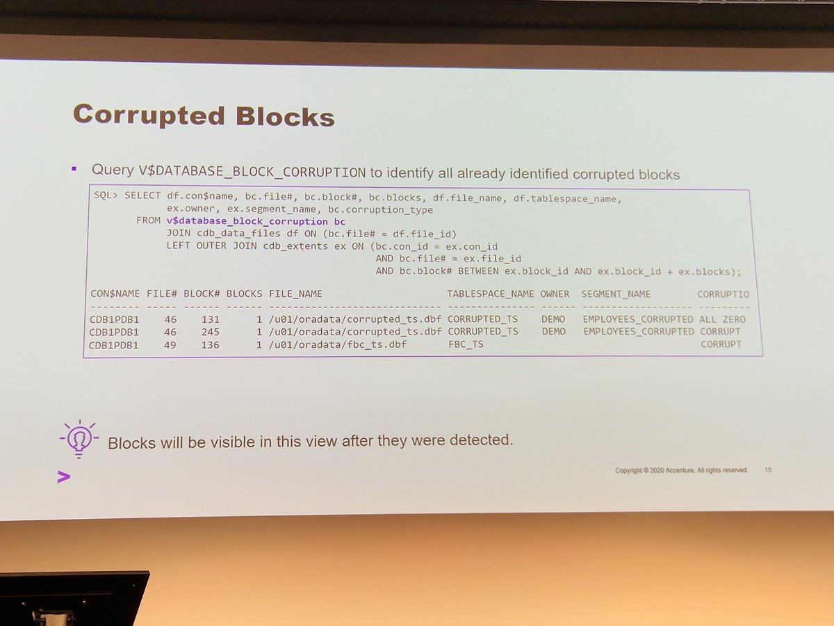 Block Corruptions in details, which scenarios exist how to analyze and to solve... <a href="/CGohmannDE/">Christian Gohmann</a> <a href="/Accenture/">Accenture</a> at #DOAG2024.
Great last tech session of the second conference day 👍