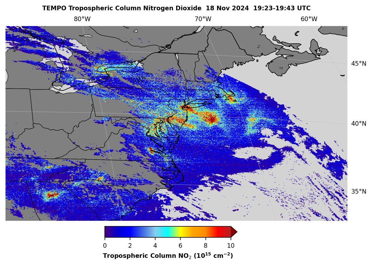 AerosolWatch (@aerosolwatch) on Twitter photo #TEMPO geostationary satellite sensor observed buildup of nitrogen dioxide (NO2) emissions in the eastern US on 18 Nov, particularly from the Northeast urban corridor, Richmond Virginia, Charlotte North Carolina, and Atlanta Georgia. <a href="/TEMPO_Mission/">TEMPO Mission</a> <a href="/NaegerAaron/">Aaron Naeger</a> <a href="/DGoldbergAQ/">Dan Goldberg, PhD</a> #TEMPO geostationary satellite sensor observed buildup of nitrogen dioxide (NO2) emissions in the eastern US on 18 Nov, particularly from the Northeast urban corridor, Richmond Virginia, Charlotte North Carolina, and Atlanta Georgia. <a href="/TEMPO_Mission/">TEMPO Mission</a> <a href="/NaegerAaron/">Aaron Naeger</a> <a href="/DGoldbergAQ/">Dan Goldberg, PhD</a>