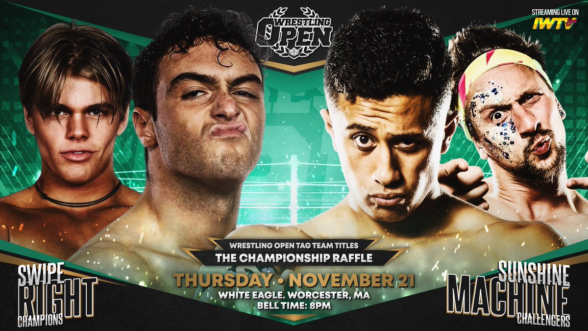 Wrestling Open (@wrestlingopen) on Twitter photo ICYMI: One of the UK’s best tag teams have won the Championship Raffle!
SUNSHINE MACHINE (<a href="/PureTKC/">TK Cooper ▲</a> & <a href="/ChuckMambo/">CHUCK MAMBO</a>) challenge SWIPE RIGHT for the Wrestling Open Tag Team Titles!
Thursday.
#WrestlingOpen
📺: <a href="/indiewrestling/">IWTV</a>
🎟️: $10 at the door or shopiwtv.com/collections/wr… ICYMI: One of the UK’s best tag teams have won the Championship Raffle!
SUNSHINE MACHINE (<a href="/PureTKC/">TK Cooper ▲</a> & <a href="/ChuckMambo/">CHUCK MAMBO</a>) challenge SWIPE RIGHT for the Wrestling Open Tag Team Titles!
Thursday.
#WrestlingOpen
📺: <a href="/indiewrestling/">IWTV</a>
🎟️: $10 at the door or shopiwtv.com/collections/wr…