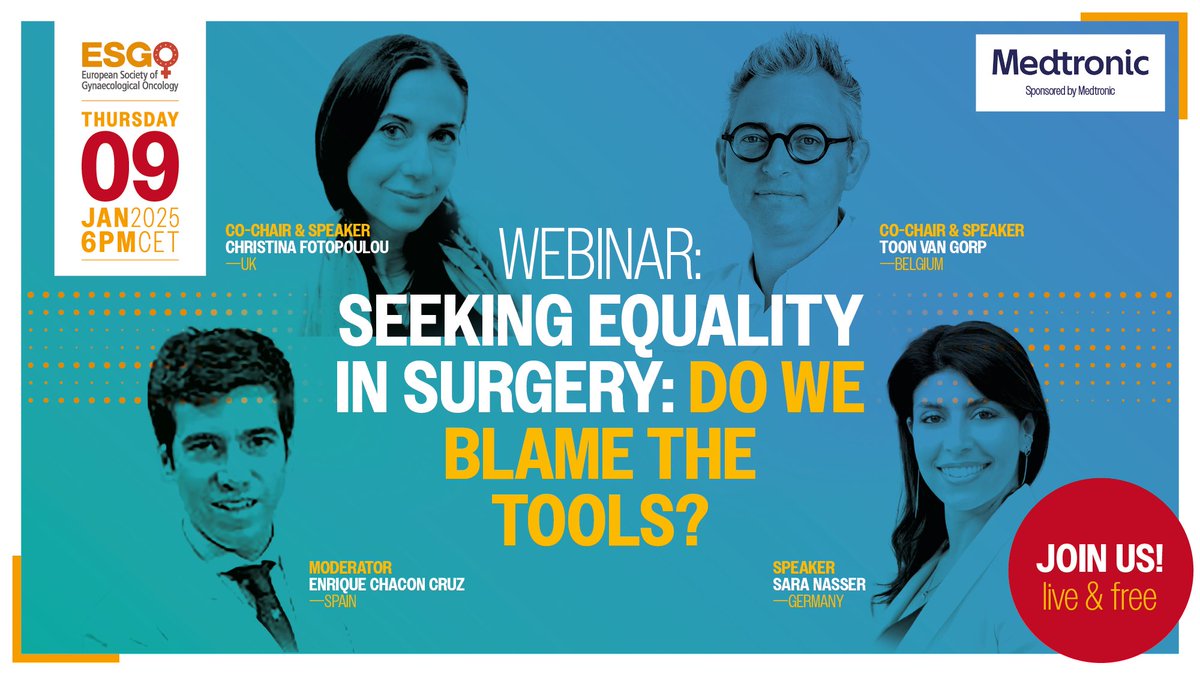 ESGO (@esgo_society) on Twitter photo 📌Save the date: Jan 9 
Join Christina Fotopoulou 🇬🇧, Toon Van Gorp 🇧🇪, Sara Nasser 🇮🇹, & Enrique Chacon Cruz 🇪🇸 for a free live webinar. 
#surgeon #surgery #gynonc #oncoalert 📌Save the date: Jan 9 
Join Christina Fotopoulou 🇬🇧, Toon Van Gorp 🇧🇪, Sara Nasser 🇮🇹, & Enrique Chacon Cruz 🇪🇸 for a free live webinar. 
#surgeon #surgery #gynonc #oncoalert