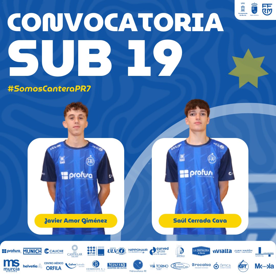 🔵 𝗖𝗢𝗡𝗩𝗢𝗖𝗔𝗗𝗢𝗦 <a href="/ffrm_es/">FFRM</a> 🔵

Estos son los 2️⃣ jugadores del club que representarán a la <a href="/ffrm_se/">Selecciones FFRM ⚽</a> 𝗦𝗨𝗕 1️⃣9️⃣ en la fase previa del Campeonato de España de Selecciones Autonómicas del 21 al 24 de noviembre.

#SomosCanteraPR7
#LaFamilia 💙