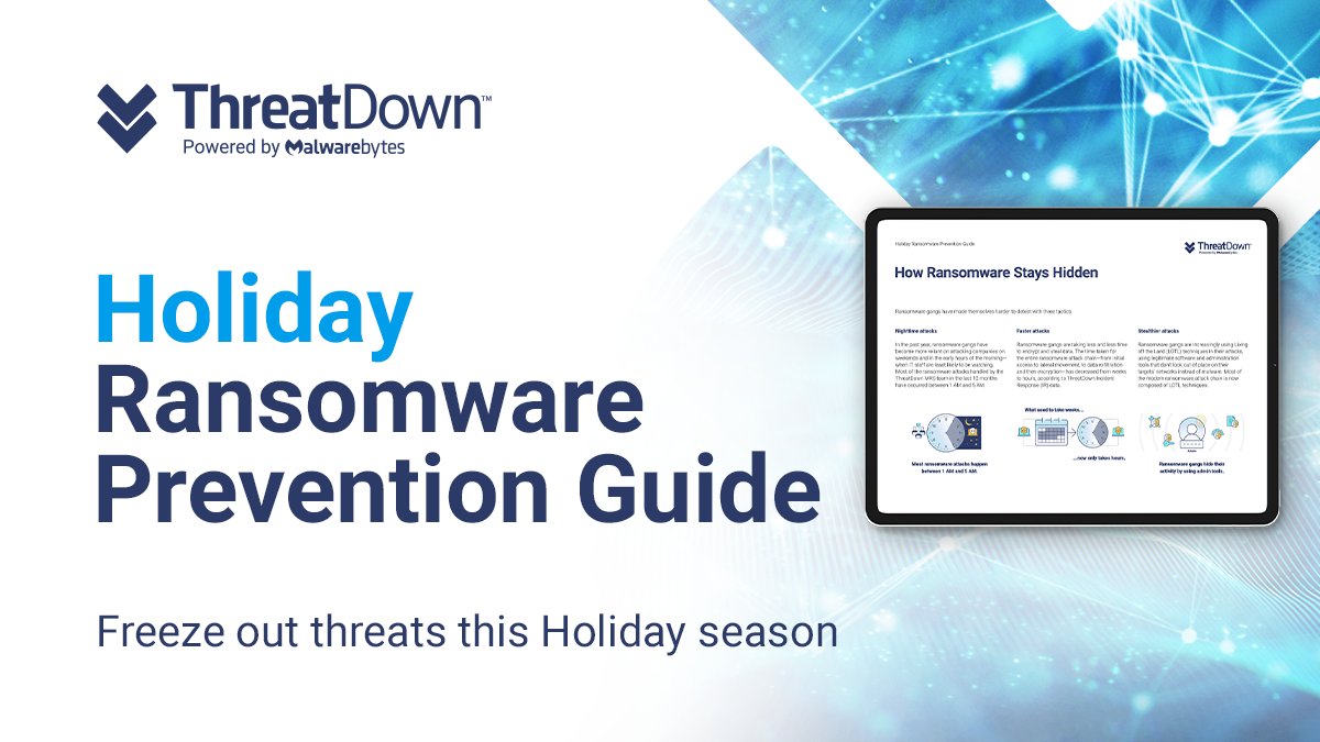 thornbily's tweet photo. Looking forward to the holidays? So are ransomware gangs…
Download the latest ThreatDown eBook for tactics used by cybercriminals and the preventative steps to implement this season. https://t.co/2mjhSEhoCA https://t.co/ormnopWr43