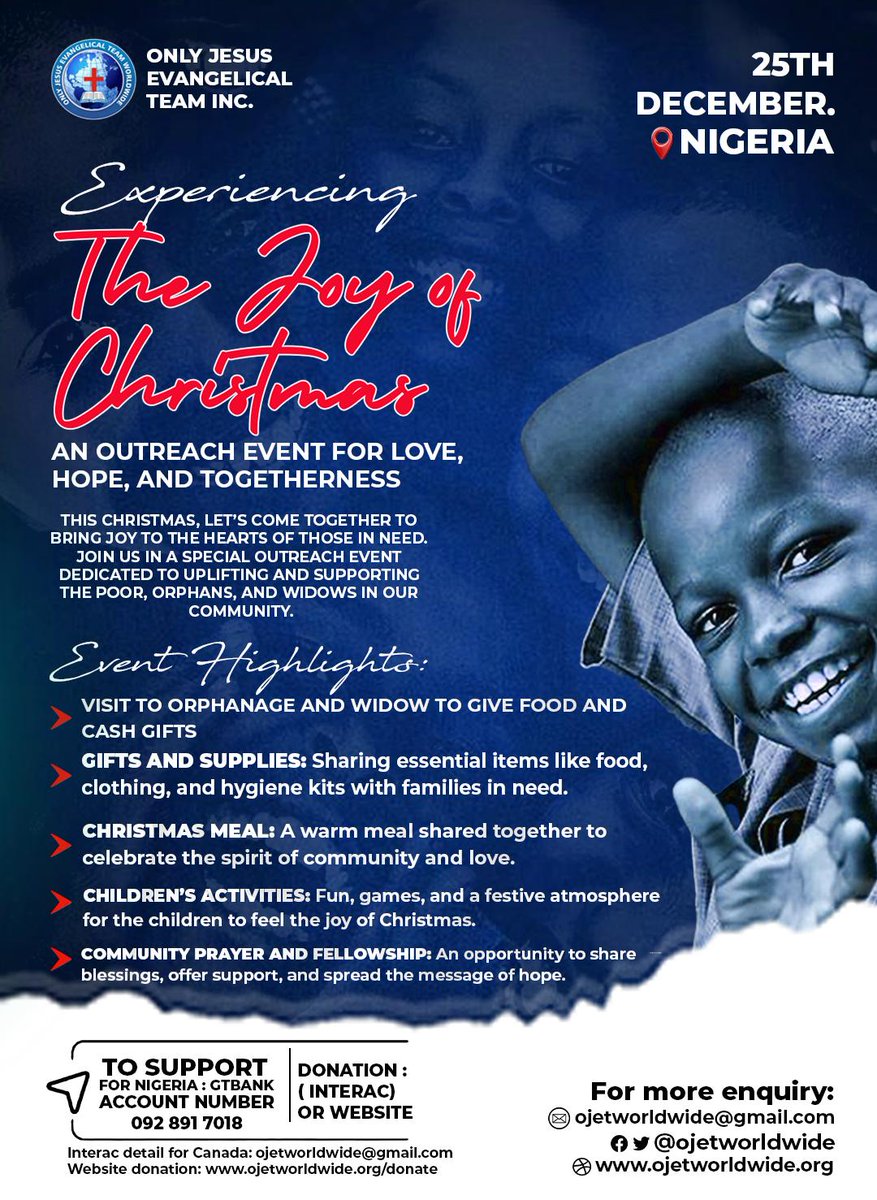 ojetworldwide's tweet photo. This Christmas, let's bring hope to those in need.

Join us in making a difference this holiday season by donating to our charity drive. Every little bit helps!

 #ChristmasCharity #GiveBack #Donate https://t.co/8MD4fw1mI2