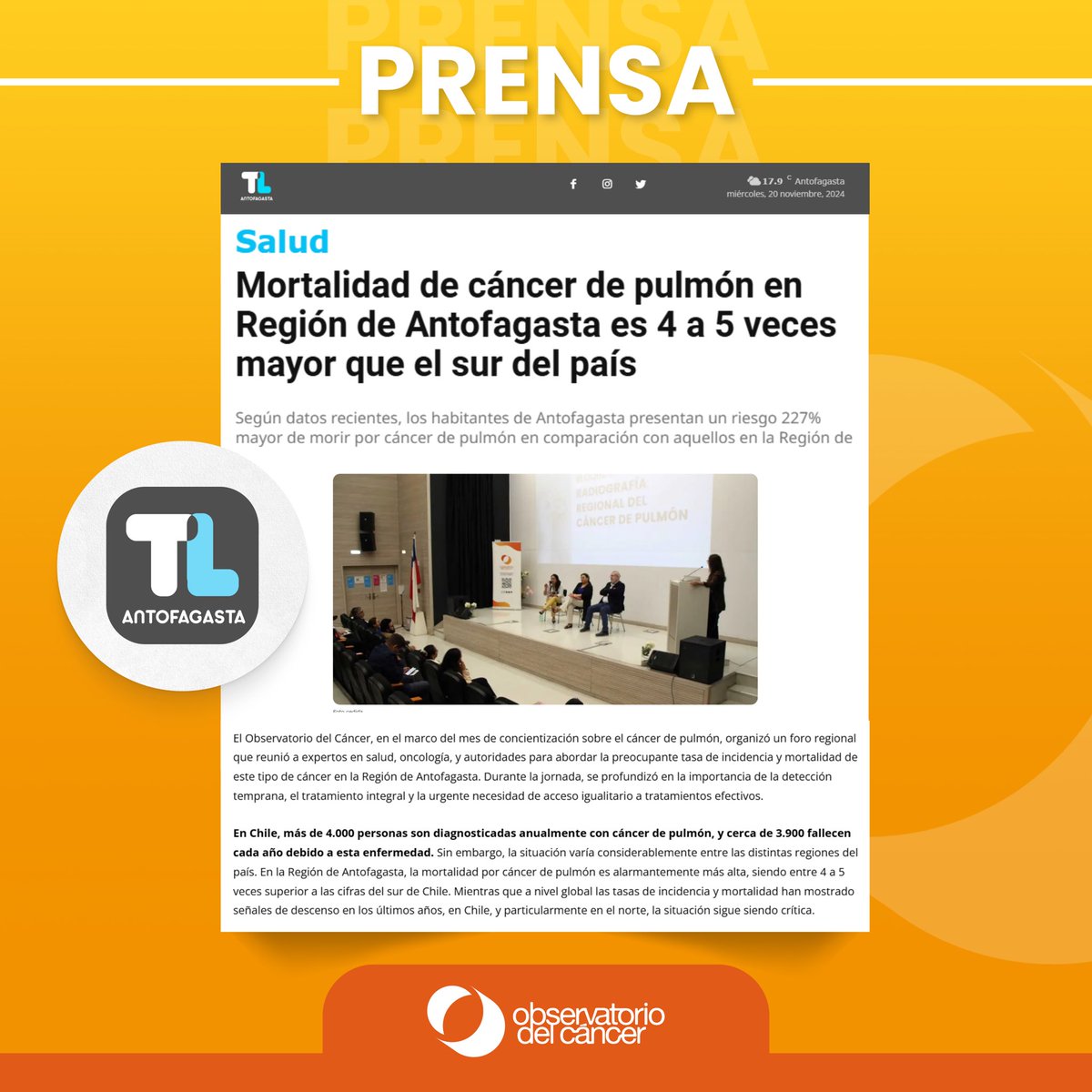 Ayer realizamos el Foro Regional de Cáncer de Pulmón en el Hospital de Antofagasta, que reunió a expertos en salud y autoridades para abordar la preocupante situación de este tipo de cáncer en la Región. 

Te invitamos a leer la nota de  <a href="/TLAntofagasta/">Timeline Antofagasta</a> bit.ly/3OkkodQ