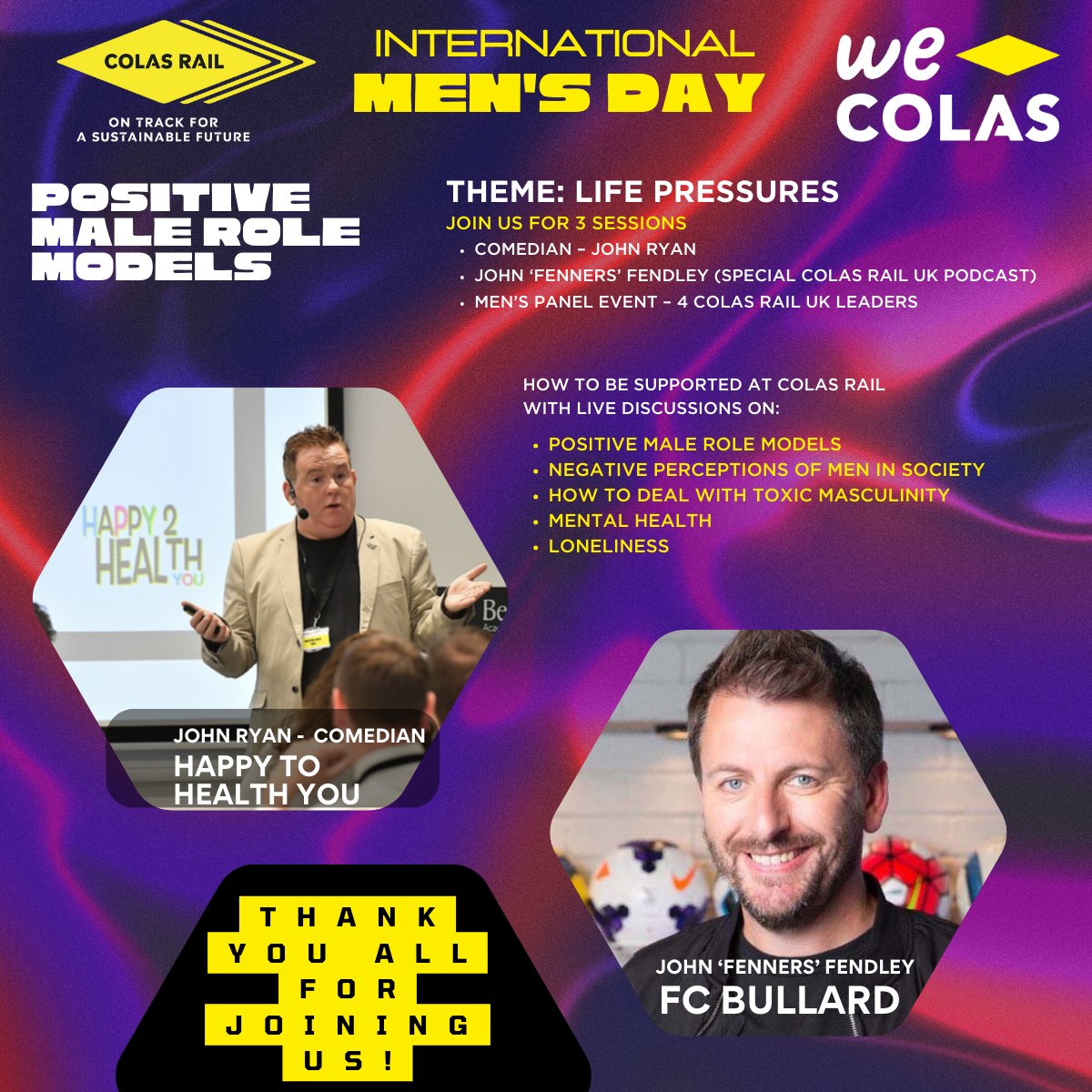 🙋‍♂️ Positive Male Role Models

👨‍💻👩‍💻To celebrate #InternationalMensDay our #EDI We Network team organised a special event

💚 <a href="/comedyjohnryan/">john ryan Happytohealthyou.com</a> #MensHealth stand-up set
⚽<a href="/fennerstweets/">John Fendley</a> covering toxic masculinity
👷Colas Rail UK panel discussion

#ColasRailCares