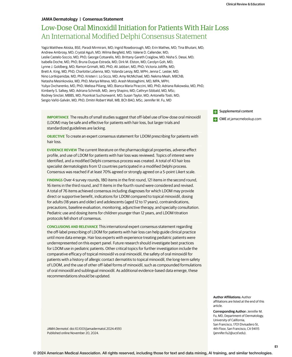Hair loss can significantly impact quality of life and may arise from various causes; an expert consensus statement guides the off-label use of low-dose oral minoxidil (LDOM). ja.ma/493KFqf