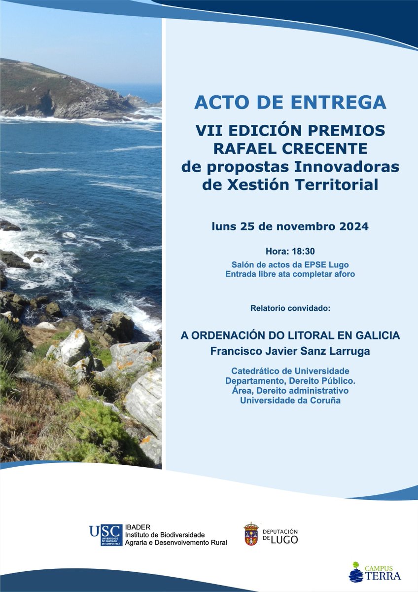 Esperámoste na entrega de galardóns da VII Edición dos Premios Rafael Crecente🏅

🗓️Luns 25 Novembro
🕒18:30h
📌Salón actos EPSE, Lugo

laborate.usc.es/ampliar/55/360…

<a href="/IbaderUSC/">IBADER</a> <a href="/CampusTerraUSC/">Campus Terra USC</a> <a href="/UniversidadeUSC/">USC</a>