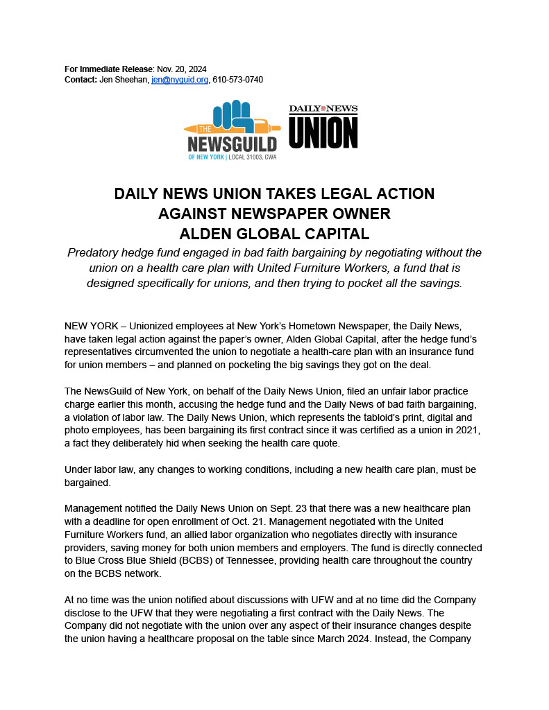 nyguild's tweet image. LEGAL ACTION: (1 of 2) We filed a ULP against Alden Global Capital and @NYDailyNews management after they circumvented @NYDNUnion to negotiate a health-care plan with an insurance fund for union members – so they could pocket all the big savings they got on the deal…....