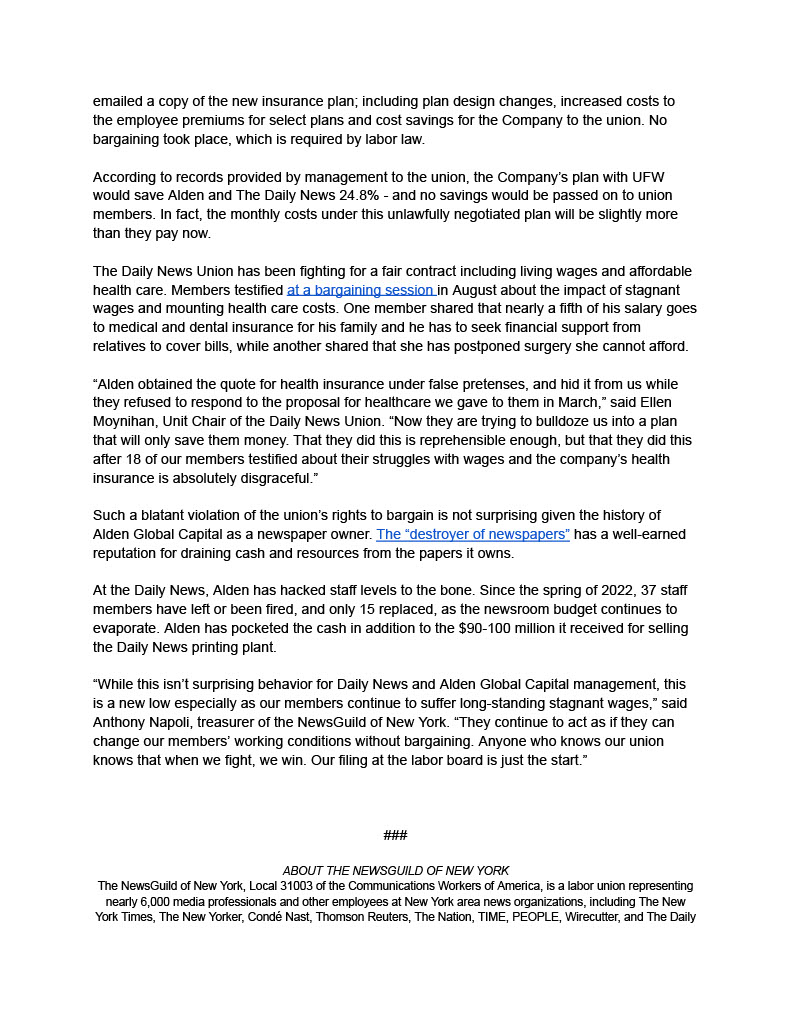 nyguild's tweet image. LEGAL ACTION: (1 of 2) We filed a ULP against Alden Global Capital and @NYDailyNews management after they circumvented @NYDNUnion to negotiate a health-care plan with an insurance fund for union members – so they could pocket all the big savings they got on the deal…....