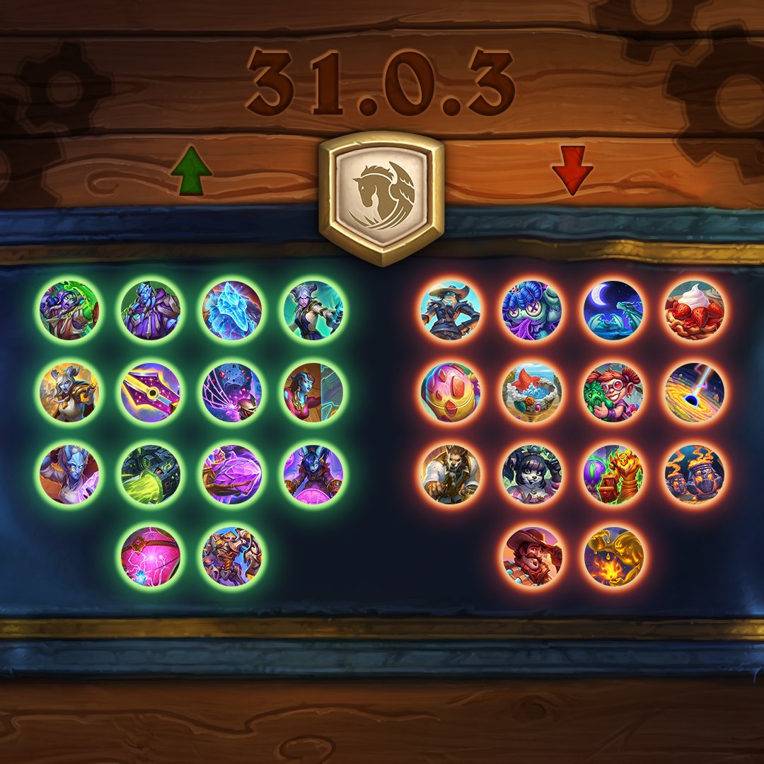 PlayHearthstone's tweet photo. Balance updates—including buffs—are coming soon to Standard, Wild, and Battlegrounds (Trinkets, too!) in Patch 31.0.3. https://t.co/a3b7TBJNXE