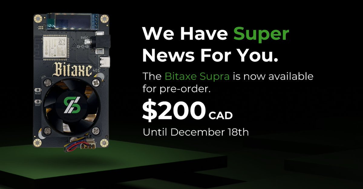sustainhash's tweet photo. We're super excited to announce our next line of Bitaxes are open for pre-order! Don't miss out on this deal for the Bitaxe Supra - take advantage of our promotional pricing now until December 18th! Visit our site or send us a message to secure yours now. 

#bitaxesupra #btc https://t.co/gfpbMUnDUF