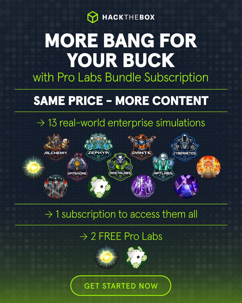 hackthebox_eu's tweet image. Quick maths 🧮
The #ProLabs Bundle subscription now includes even more content for the same price! Build skills directly applicable to real-life engagements with 13 premium, advanced labs - with more coming soon. Start now: okt.to/D8uxMT

#HTB #Cybersecurity #RedTeaming