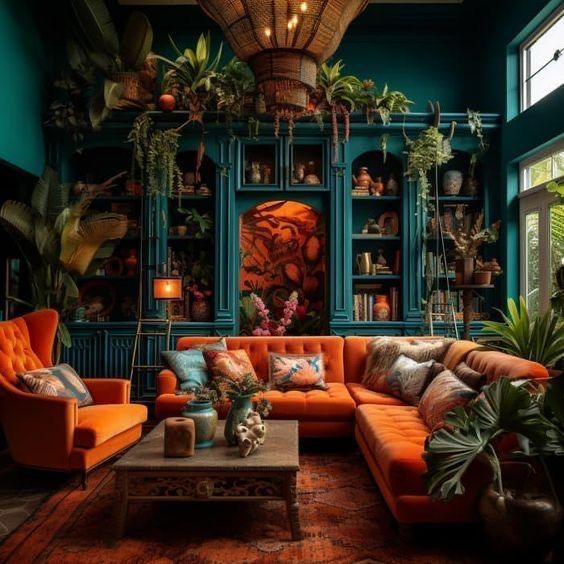 WallsofWhimsy's tweet photo. Pick a seat, grab a cup of tea, and a curl up with a book that takes you on an adventure. The jungle green built-in and its plant-covered shelves will serve as the perfect backdrop. 🌿🧡

#interiordesign #eclecticdecor #bohodecor #boholivingroom #livingroominspo https://t.co/8GZlb9FhEK