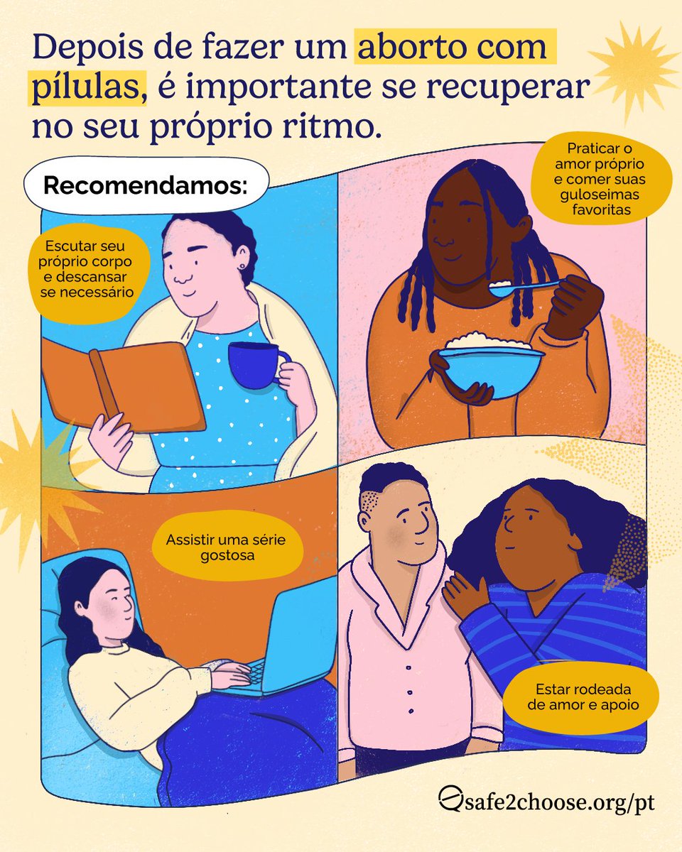 safe2choosePT's tweet photo. A maioria das pessoas vai ter os sintomas mais intensos nas primeiras 12 horas após o uso das pílulas abortivas. Dependendo de como você se sentir, você pode querer continuar com suas atividades rotineiras ou pode preferir descansar. 

#safe2choose #aborto #cuidadosdoaborto https://t.co/D0GTaN2B5e
