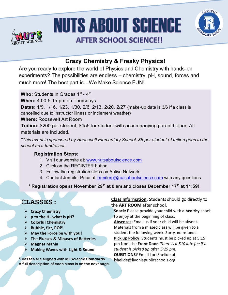 Nuts About Science updated/revised price for Winter session.  Please see below <a href="/RooseveltTigers/">Roosevelt Elementary School</a> <a href="/LivoniaDistrict/">Livonia Schools</a>