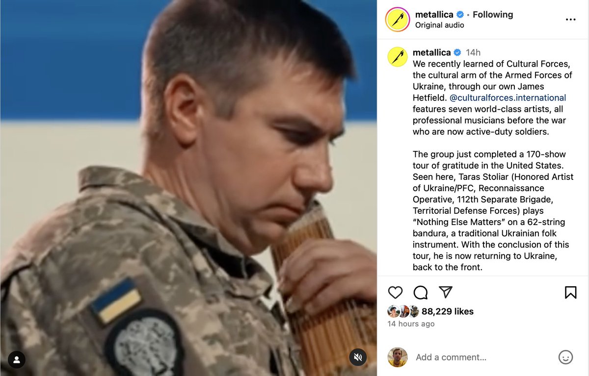 Oh god. 

<a href="/Metallica/">Metallica</a> is endorsing this Ukrainian soldier and musician Taras Stoliar, who plays Nothing Else Matters on bandura, a traditional Ukrainian instrument.

Once again, we're so insanely happy to see Papa Het and all of our beloved Metallica standing for what is right.