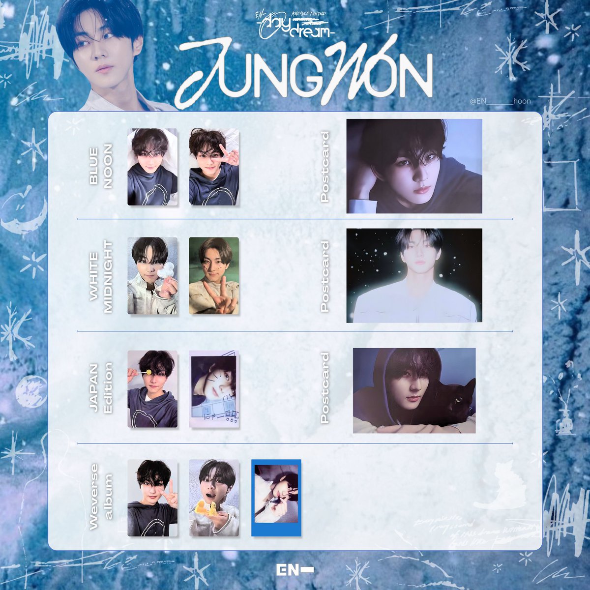ENHYPEN ROMANCE : UNTOLD -daydream- トレカ 交換

譲 ヒスン ジェイ ジェイク 
     ソンフン ニキ  

求 ジョンウォン(同異種問わず)
     画像参照ください♪

特典は特典同士の交換でお願いいたします(><)
郵送or 1/26手渡し可能
条件合う方お気軽にリプor DMください🙇🏻‍♀️
 #ENHYPENトレカ交換