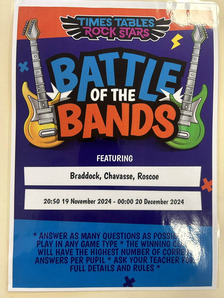 The battle of the bands begins !!! Right now there is a tournament going on between the three year 3/4 classes on TTRockstars 🎸We are currently in the lead !! The more we play at home the better chance of winning we have 🏆🏆