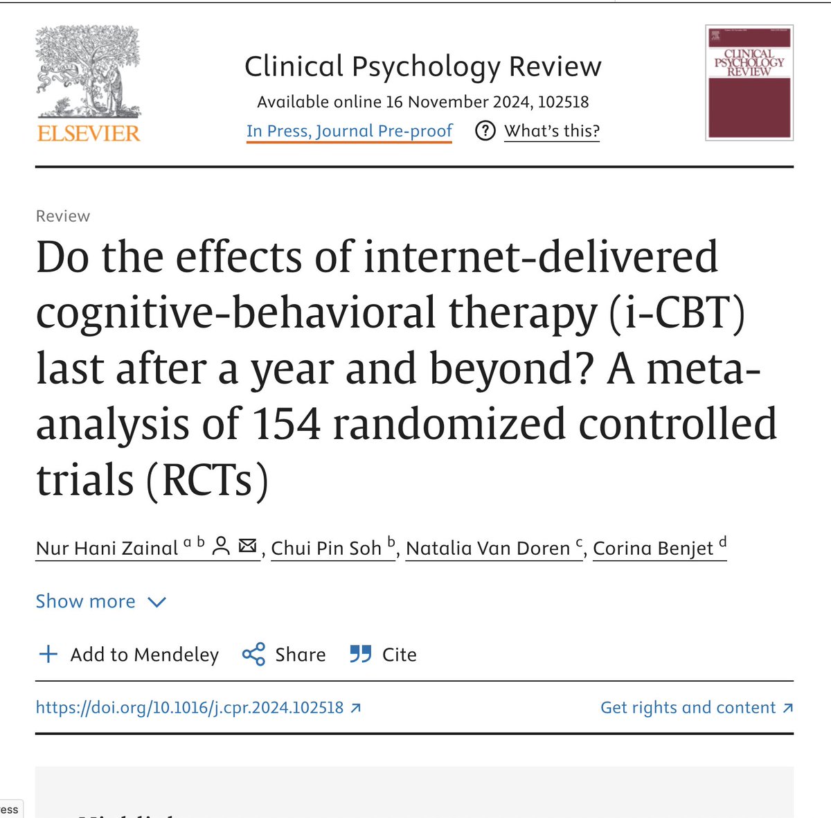 Nur Hani Zainal, PhD (@drhanizainal) on Twitter photo 📊 New meta-analysis alert! Our study of 154 RCTs (N=45,335) shows internet-delivered CBT (i-CBT) has lasting benefits for anxiety, depression, PTSD & more, even 1+ year post-treatment. <a href="/nataliavandoren/">Natalia Van Doren, PhD</a> 📊 New meta-analysis alert! Our study of 154 RCTs (N=45,335) shows internet-delivered CBT (i-CBT) has lasting benefits for anxiety, depression, PTSD & more, even 1+ year post-treatment. <a href="/nataliavandoren/">Natalia Van Doren, PhD</a>